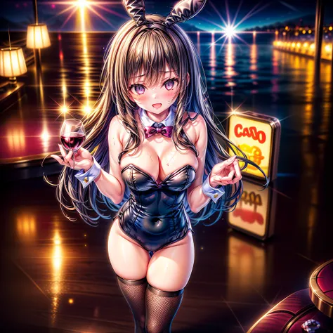 masterpiece, best quality, high resolution, extremely detailed CG, absurdres, highres, expressive eyes,  perfect face, 1girl, a cute sexy girl in ((bunny_suit)), kawaii, casino, night club, sexy_posing, fishnet_thighhighs, large_breasts, ((wine)) ,((detail...