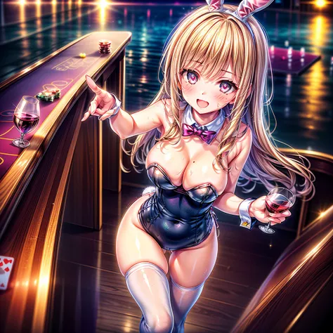 masterpiece, best quality, high resolution, extremely detailed CG, absurdres, highres, expressive eyes,  perfect face, 1girl, a cute sexy girl in ((bunny_suit)), kawaii, casino, night club, sexy_posing, fishnet_thighhighs, large_breasts, ((wine)) ,((detail...