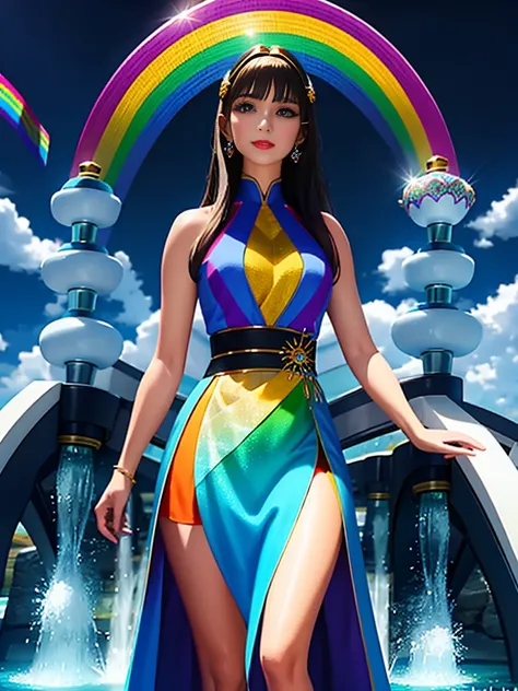 "A stunning digital rendering of a woman with a kaleidoscope of colors in her dress and hair, standing in a cascade of rainbow water, each droplet reflecting a different hue."