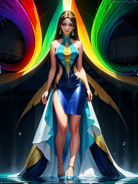 "A stunning digital rendering of a woman with a kaleidoscope of colors in her dress and hair, standing in a cascade of rainbow water, each droplet reflecting a different hue."