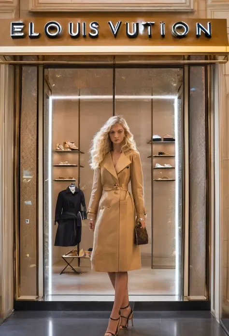 fille de 21 ans, blond, with wavy hair, se tient devant une boutique Louis Vuitton, toucher ses cheveux. Elle présente une silhouette élancée et une apparence de mannequin, porter des vêtements de Louis Vuitton, capturer l&#39;élégance et la sophistication...