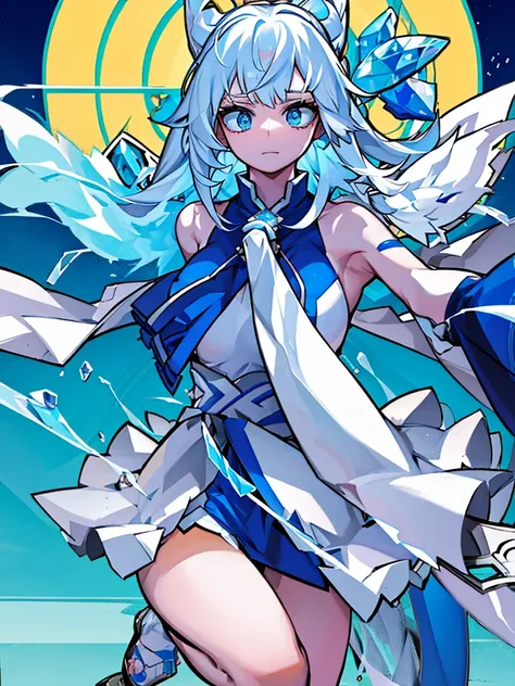 One beautiful woman、cute、Long eyes、Close your mouth、White skin、Crystal blue hair、Blue eyes that shine like jewels、beautiful、long hair、Miko costume、Highest quality、Super detailed、masterpiece、View Viewer、Biologically correct structure