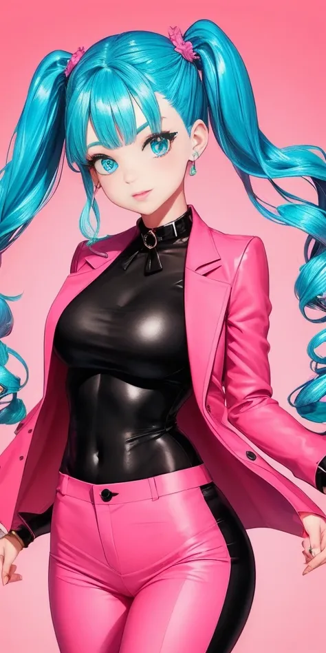 Bulma-like woman is wearing a tight blue suit with a plunging collar and a small pink jacket over it.. El traje resalta mis curvas de forma favorecedora. My long hair is tied in two high pigtails., adornadas con unos lacitos rojos. My eyes are made up with...