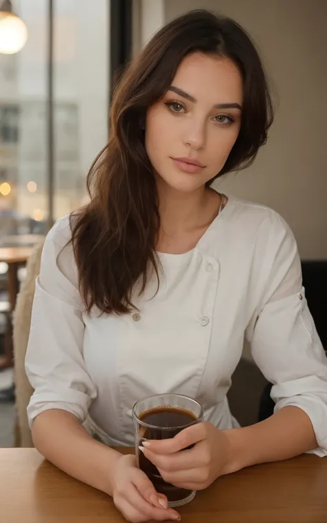 Jolie belle brune avec pull jaune (Drinking coffee in a modern cafe at sunset), very detailed, 18 ans, Visage innocent, naturally wavy hair, yeux bleus, high resolution, chef-d&#39;artwork, Meilleur Qulaity, Intricate details, very detailed, mise au point ...