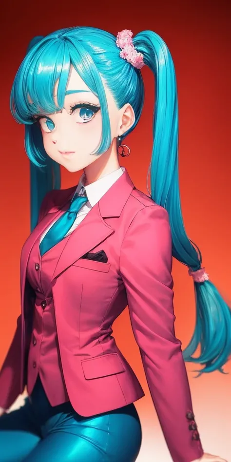 Bulma-like woman is wearing a tight blue suit with a plunging collar and a small pink jacket over it.. El traje resalta mis curvas de forma favorecedora. My long hair is tied in two high pigtails., adornadas con unos lacitos rojos. My eyes are made up with...