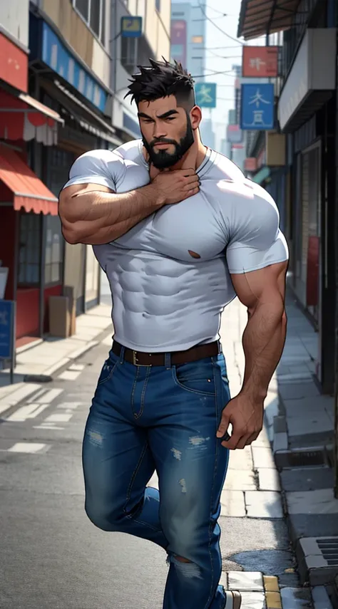 Asian，can，Best quality，masterpiece，Ultra-high resolution，Detailed background，Realistically，Implications，Filming，solo，1 boy，Muscle Man，有beard的，，Exposes the pectorals and abs，，Tattered pants，street，Muscle tissue，beard，Volumetric lighting，Depth of Field，Short...