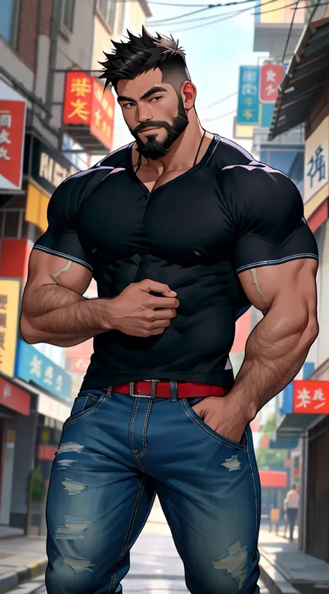 Asian，can，Best quality，masterpiece，Ultra-high resolution，Detailed background，Realistically，Implications，Filming，solo，1 boy，Muscle Man，有beard的，，Exposes the pectorals and abs，，Tattered pants，street，Muscle tissue，beard，Volumetric lighting，Depth of Field，Short...