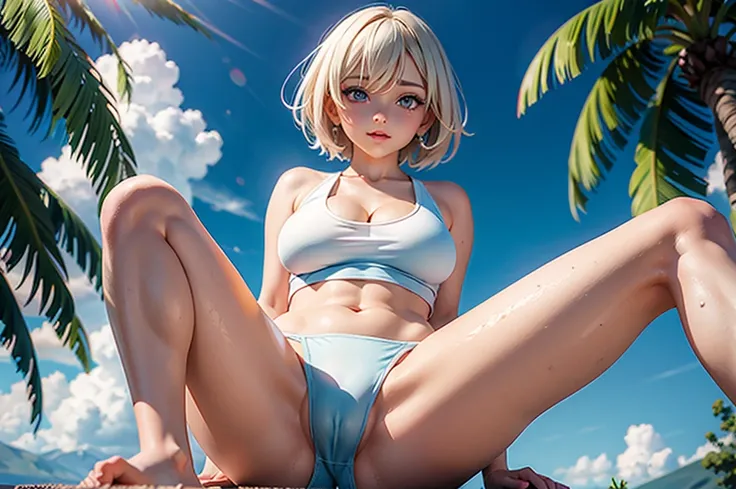 Maki Zenin covered in water, direct sun lighting, (best quality), ((spread legs)), (cameltoe 1.9), (((oversized top))), lewd pose, (navel visible), legs exposed, (flushed face 2), chubby body, (cleavage 1.8), ((loin cloth)), wearing trainer sneakers, ((sho...