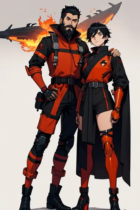 male, orange eyes, black hair, tan skin, (((1boy))), (((red and black futuristic Fire Rescue uniform))), (red Fire Rescue helmet), (black cybernetic gauntlets), (black boots), (black belt), long legs, beard, moustache