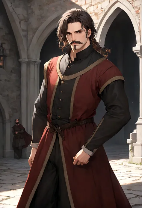 (Una gran armadura medieval para hombre), ), ((bigote estilo Van Dyke y (barba de chivo) "Van Dyke", Van Dyke beard)), (light brown eyes), Aspecto atractivo y serio, ((cabello muy largo oscuro, messy hair)), Elegante y con estilo, armadura, Un hombre madur...