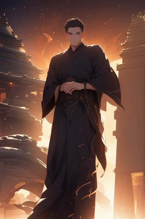 a man in a black robe, young man, handsome man, ponytail, ancient Chinese clothing, qi, a huge saber, ancient Chinese buildings in the background, night, powerful character, purple rays, a beautiful landscape. Detailed face, 8k, embroidered tunic with gold...