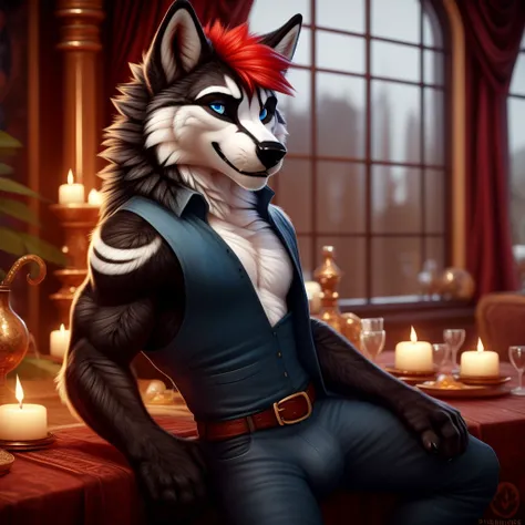 full body, male, wolf, black fur, white markings, red hair, seductive smile, sexy pose, blue eyes, detailed eyes, detailed backg...