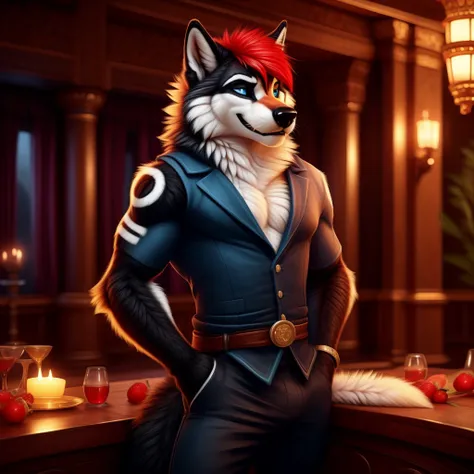 full body, male, wolf, black fur, white markings, red hair, seductive smile, sexy pose, blue eyes, detailed eyes, detailed background, ball room, fluffy fur, feminine, ultra detailed, 8k, fully clothed, depth of field, by anchee, by phenyanyanya, by ketei,...