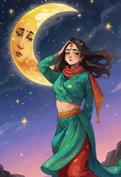 belly danceを踊る女の子, Violent dancing pose、Hiding her face with a scarf、Only the eyes are visible、sea-blue Indian traditional clothing、Red and yellow gradient outfit、 Pastel sky、Starry Sky、Spice Flower、 ginkgo leaf, Slope, Slope background, Slope sky, Indian ...