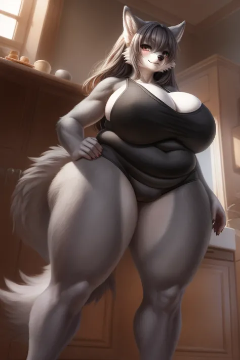  (8K, Masterpiece, high resolution, super fine illustration:1.3), (cool, beautiful, mannish:1.5), fluffy, perfect anatomy, detailed background, (solo, gray fur, 1 female wolf kemono:1.5), at kitchen, (black camisole, black panty:1.5), (standing, from below...