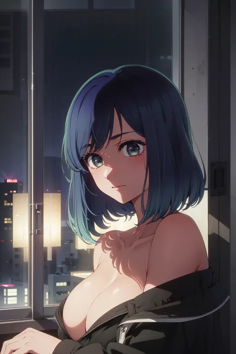 akane kurokawa,naked,rock,Blue Hair,naked,hot,sexy,beautiful,Perfect body,One Girl,big ,masterpiece,Perfect Face,Expressive Face,naked,night、Lying on a bed by the window in a high-rise building,Atmospheric lighting