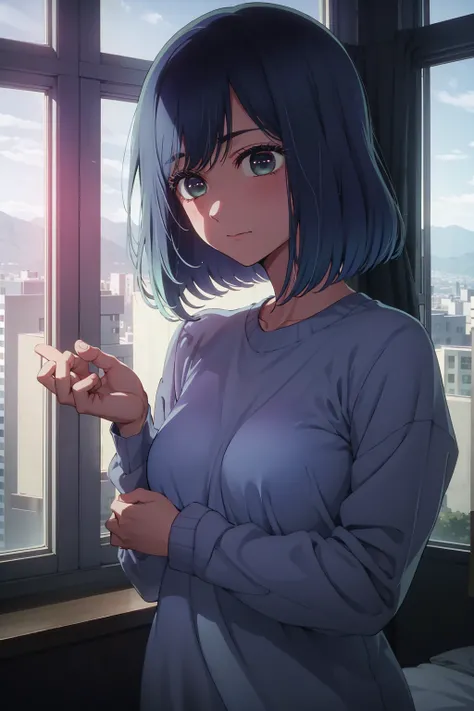 akane kurokawa,naked,rock,Blue Hair,naked,hot,sexy,beautiful,Perfect body,One Girl,big ,masterpiece,Perfect Face,Expressive Face,naked,night、Lying on a bed by the window in a high-rise building,Atmospheric lighting