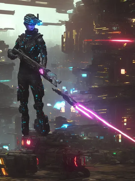 Create an image of a hunter in a cyberpunk world who is all decked out in cybernetic prosthetics.