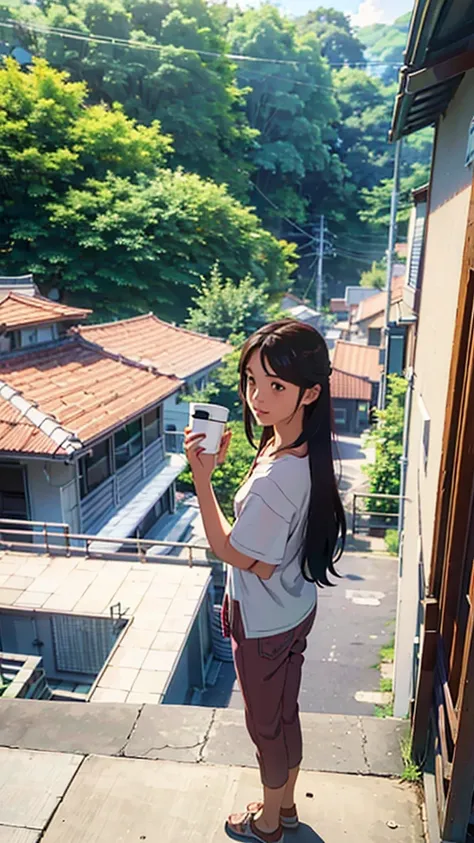 A girl stands on a balcony, holding a cup of coffee. Girl is waering white shirt and white cargo comfy pant with some chex koti on it.The scene is inspired by the styles of CGSociety, Chillhop, Alena Aenami, Artgerm, and Makoto Shinkai. The atmosphere exud...