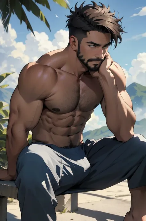 Best quality, masterpiece, expressionless,ultra high res,detailed background,realistic,1man,solo,male,muscular,mature male,short hair,facial hair,sitting,clouds,winds,real shadow and light,depth of field,chest, underwear, feather