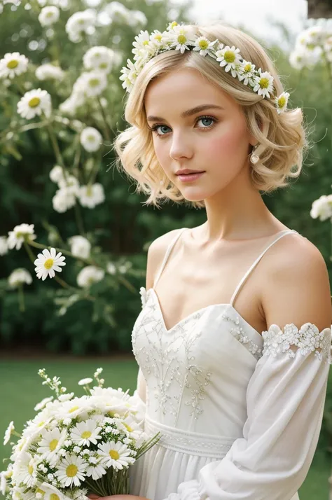 Slim, blonde femboy with short fluffy hair,Crown of flowers  girlish face, wearing white long weding dress romantic style up to the shoulder sleeved  transparency  small bouquet daisies cottagecore