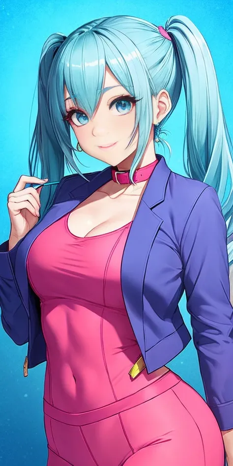 Bulma-like woman is wearing a tight blue suit with a plunging collar and a small pink jacket over it.. El traje resalta mis curvas de forma favorecedora. My long hair is tied in two high pigtails., adornadas con unos lacitos rojos. My eyes are made up with...