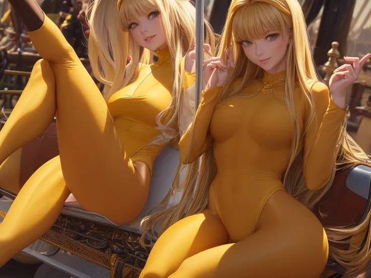 top-quality、Full limbs、complete fingers、One beautiful woman、Beautiful Large Breasts、((straight haired、blondehair))、((Yellow long-sleeved leotard、Leotard with exposed sides、Dark brown pantyhose))、A big smile、An amusement park、sexypose、Ride the cart