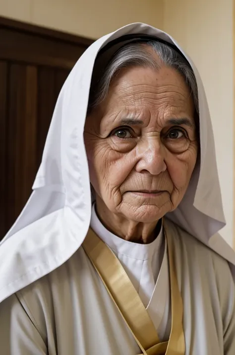 Hazme una foto de una monja, con cara de anciana en una inglesia, modo realista y que la cara sea de miedo pero ocultando el miedo...que sea monja estilo chileno