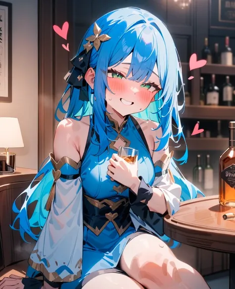 masterpiece, best quality, very aesthetic, absurdres, newest, 1girl, solo, long hair, blush, smile, hair ornament, sitting, green eyes, heart, detached sleeves, blue hair, bottle, alcohol, indoors, drunk,