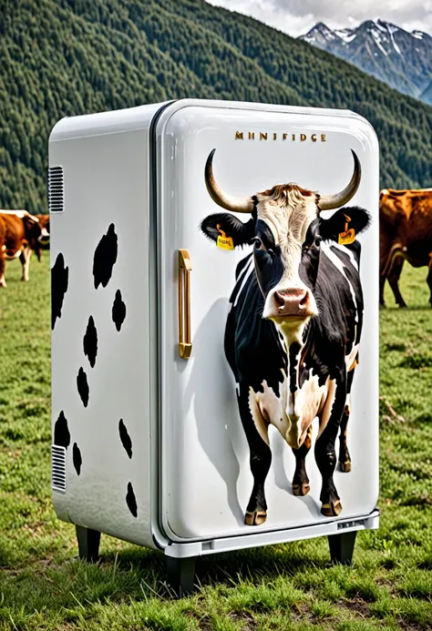 a minifridge that has cow spots on it and small bull horns