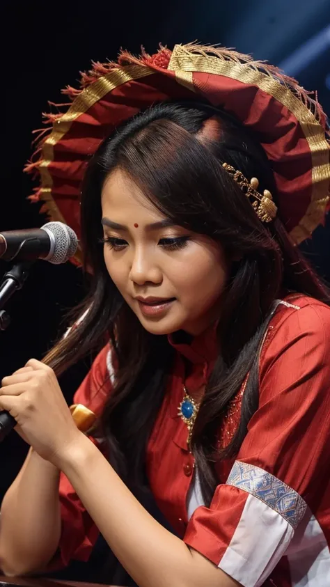 Lelaki indonesia usia 45 tahun, rambut agak panjang, menyanyi, konser, diatas panggunh