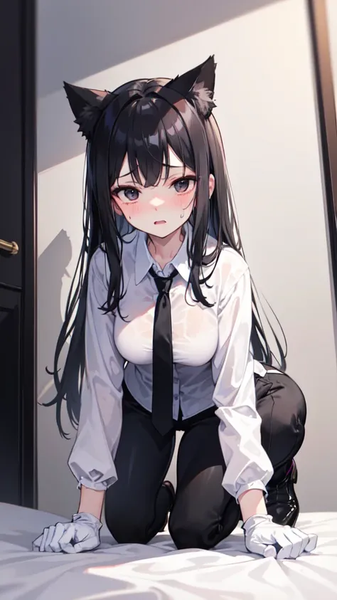 18-year-old girl，cute，Wear a white long-sleeved shirt and a black work tie，Wear black pants，Wear black booties，Wear white gloves，wear cat ear，Black hair，Black eyes，blush，sweat，Fear，Unwilling，Looks very bottom，uncomfortable，porn