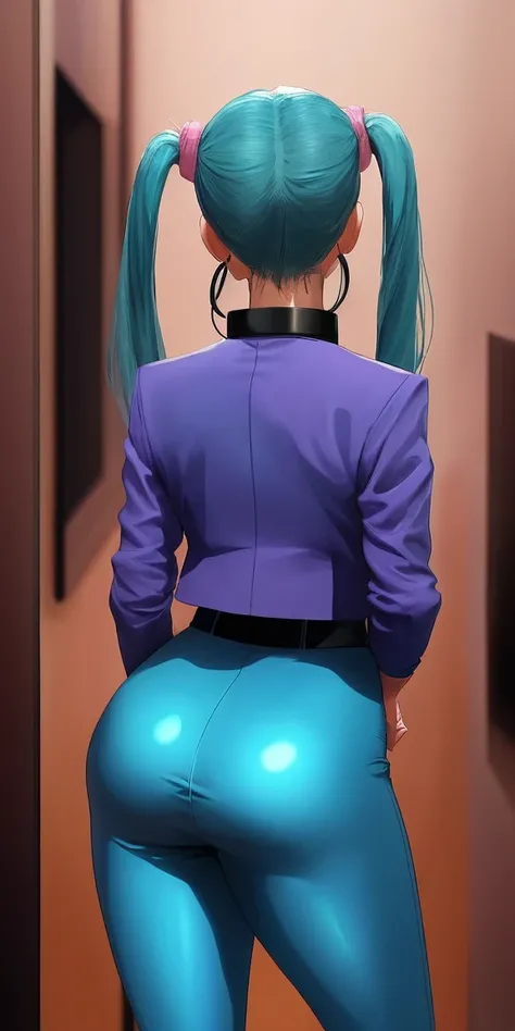 shot from behind of a woman similar to Bulma, en un cuarto, He is wearing a tight blue suit with a plunging collar and a small pink jacket over it.. El traje resalta mis curvas de forma favorecedora. My long hair is tied in two high pigtails., adornadas co...