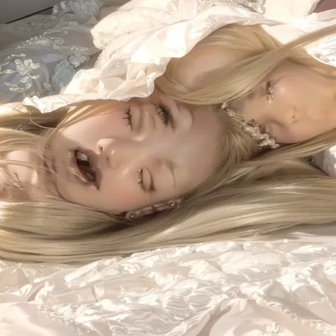 blond woman laying on a bed with a white blanket and a white teddy bear, ava max, anime vibes, cl, shikamimi, sexy face with full makeup, belle delphine, ✨🕌🌙, heavy makeup, portrait of kim petras, lalisa manobal, ann takamaki, light makeup, sultry look, by...