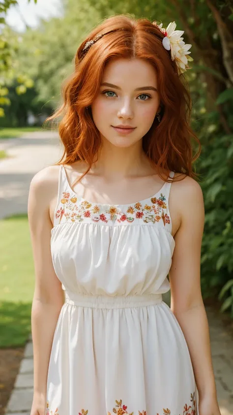 (((Masterpiece))), 25-year-old Caucasian French girl with shoulder-length messy red hair, adorned with , blooming hair akin to a royal . Captured in the best quality, this illustration serves as a 4K wallpaper, white short dress with floral patterns, sunny...