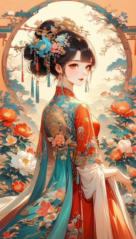 A beautiful young woman in traditional Chinese attire, sweet smile, from back, eyes look at other side, fashion pose, charming and attractive sexy pose, surrounded by a lush garden. gazing at it with gentle eyes. The womans hair is styled in an elaborate u...