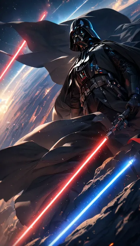 (best quality, masterpiece, colorful, dynamic angle, highest detailed)  
Darth Vader with a red and blue lightsaber, a clear feeling of the struggle between darkness and light, behind him are the stars, space, galaxy