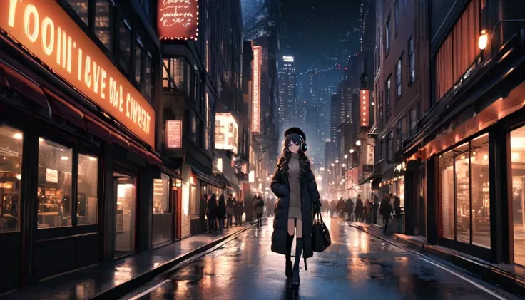 one brunette girl with headphones walks in streets of NYC. 22 years old, winter night. beautiful landscape of NYC  in night sky, travel, tourist, sweater, gloves, black winter hat, long black hair, only the girl, full body
