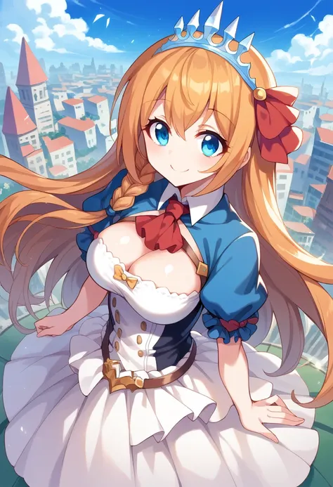 anime style, high view, pecorine, mature female, blue eyes, big chest, hair ornament, long hair, orange hair, tiara, braid, hair braid, standing, smile, hand back body, city, future city theme, Volumetric light, Volumetric particles,