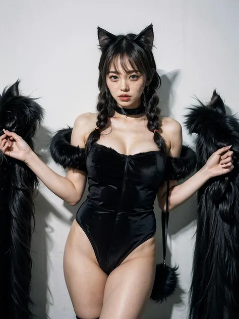 (Black Theme), ((Wearing a fluffy fur leotard:1.4)), ((Off the shoulder)), (Cat ear:1.5), ((A cat&#39;s tail grows from its tailbone:1.5)), Very detailed, (Large Breasts:1.5), Cleavage, (Twin tails:1.5),(Blunt Bang:1.8), (Garter belt 1.5), (Fur gloves), (F...