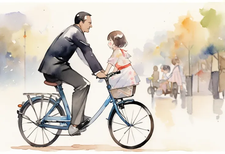 (highest quality、masterpiece)、(5 year old girl riding a bicycle)、(assisting dad:1.2)、(children's bicycles、whole)、(from the side)...