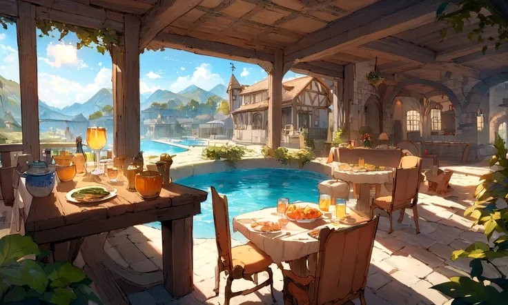 ((((masterpiece, Best Quality, High resolution)))), High detail, manga，anime，Illustrated style，Use of bright colors，Color scheme reminiscent of a daytime scene from a Ghibli studio, Medieval European fantasy worldview, Holiday home with pool, Sophisticated...