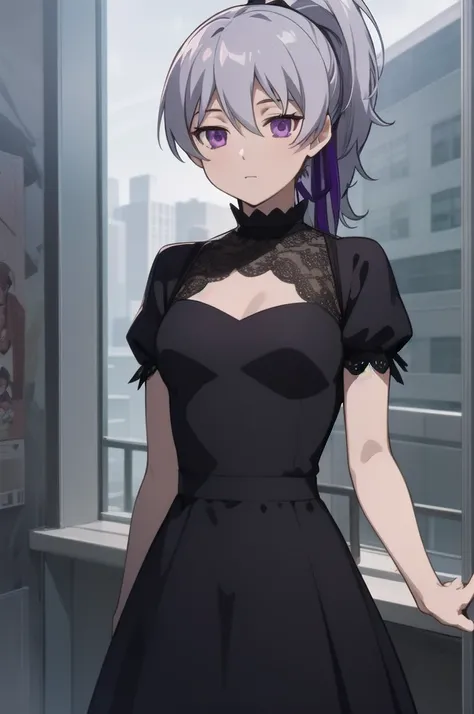 masterpiece, Highest quality, Movie stills, One girl, alone, View your viewers, Upper Body, , Anime Coloring, , Are doing_dark_than_black, Grey Hair, Purple eyes, ponytail, black dress,