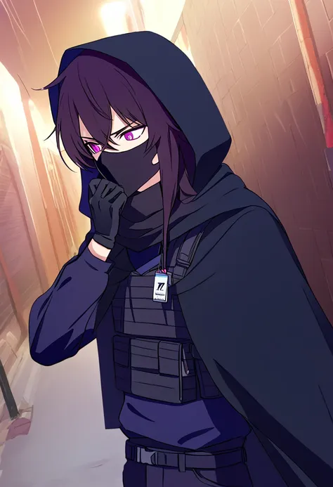 anime male, black messy hair, purple eye color, black facemask covering both mouth and nose, black hoodie, black long scarf, bla...