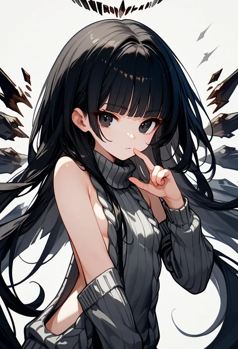 (score_9, score_8_up, score_7_up), 1girl, VirtuosaBase, cute, (chibi:0.7), black hair, blunt bangs, long hair, broken halo, energy wings, black eyes, mole under right eye, small breasts, virgin killer sweater, detached sleeves, gray sweater, single hand vi...