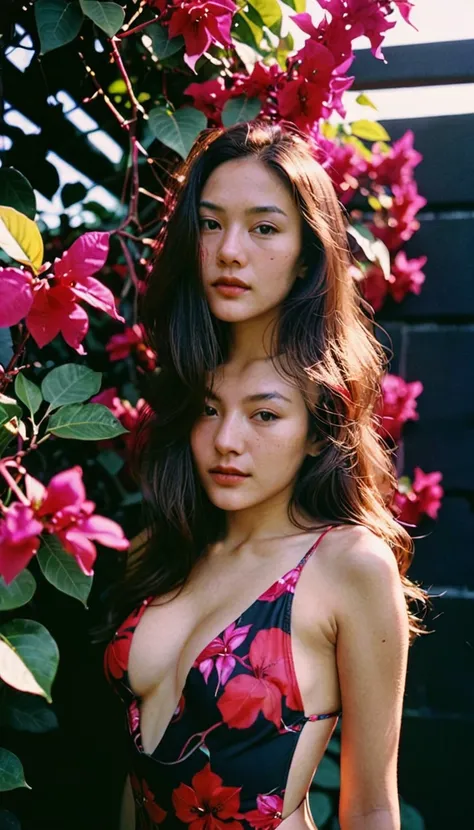 Portrait MagMix Girl look at camera, long hair, cleavage red floral one-piece swimsuit, big breast, a black wall, adorned with dark bougainvillea flowers, natural light, sunlight casting soft shadows, analog film photo, Kodachrome