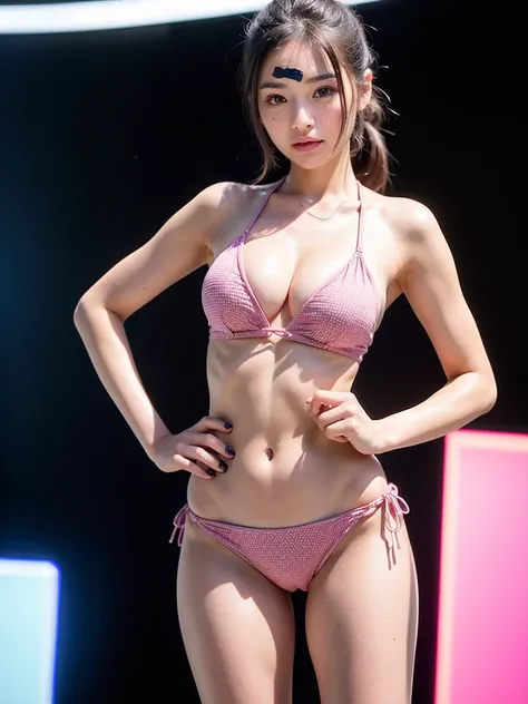 (((Open Stance)))、(light pink bikini)、( Stand with your feet shoulder-width apart)、Sporty physique, A seductive body with a sexy belly,Staring at the audience、((Sexy young woman&#39;s body:1.4)),Open Standing、Low - Angle、Hands grab the waist、(smile)、Hair i...