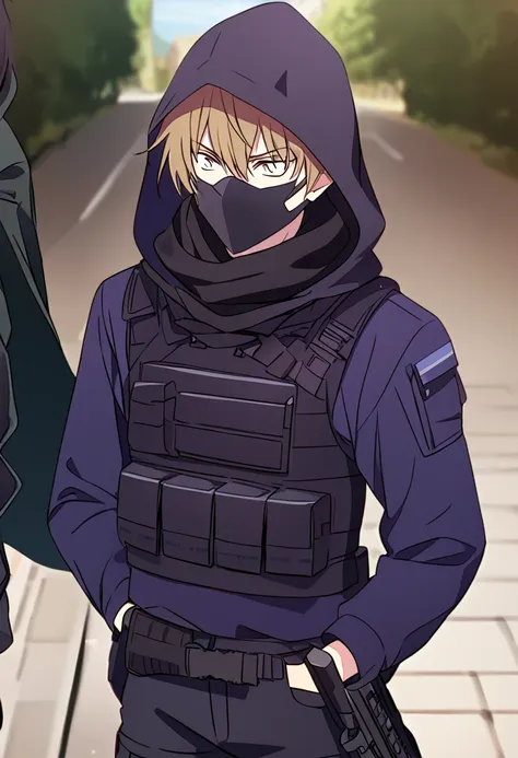 anime male, black messy hair, white eyes, black facemask covering both mouth and nose, black hood, black long scarf, black cloak...