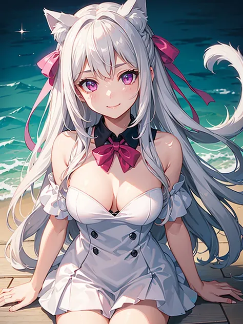 Highly detailed face,fine grain,Waterfront,Highlighted eyes, medium breasts ,pretty girl, smile shyly,Cat ear,Beautiful silver hair,Pink inside,Beautiful pink eyes,shiny skin, beautiful shadow,White sailor uniform,ribbon, I want to send a letter to you
