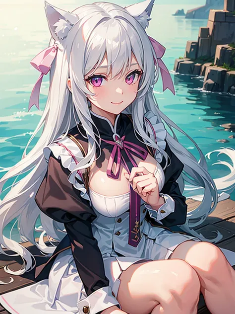 Highly detailed face,fine grain,Waterfront,Highlighted eyes, medium breasts ,pretty girl, smile shyly,Cat ear,Beautiful silver hair,Pink inside,Beautiful pink eyes,shiny skin, beautiful shadow,White sailor uniform,ribbon, I want to send a letter to you
